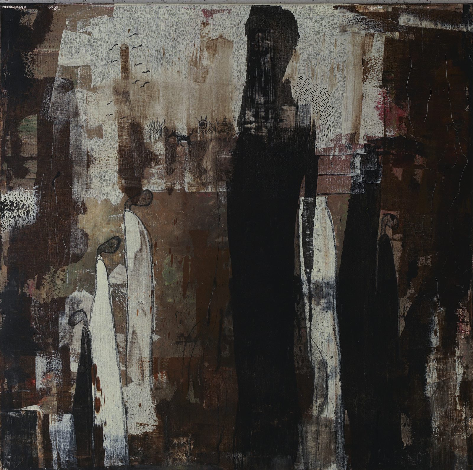 Ancestral Wisdom (2024) by Merve Kızıl — acrylic, ink and charcoal on canvas, 100 x 100 cm